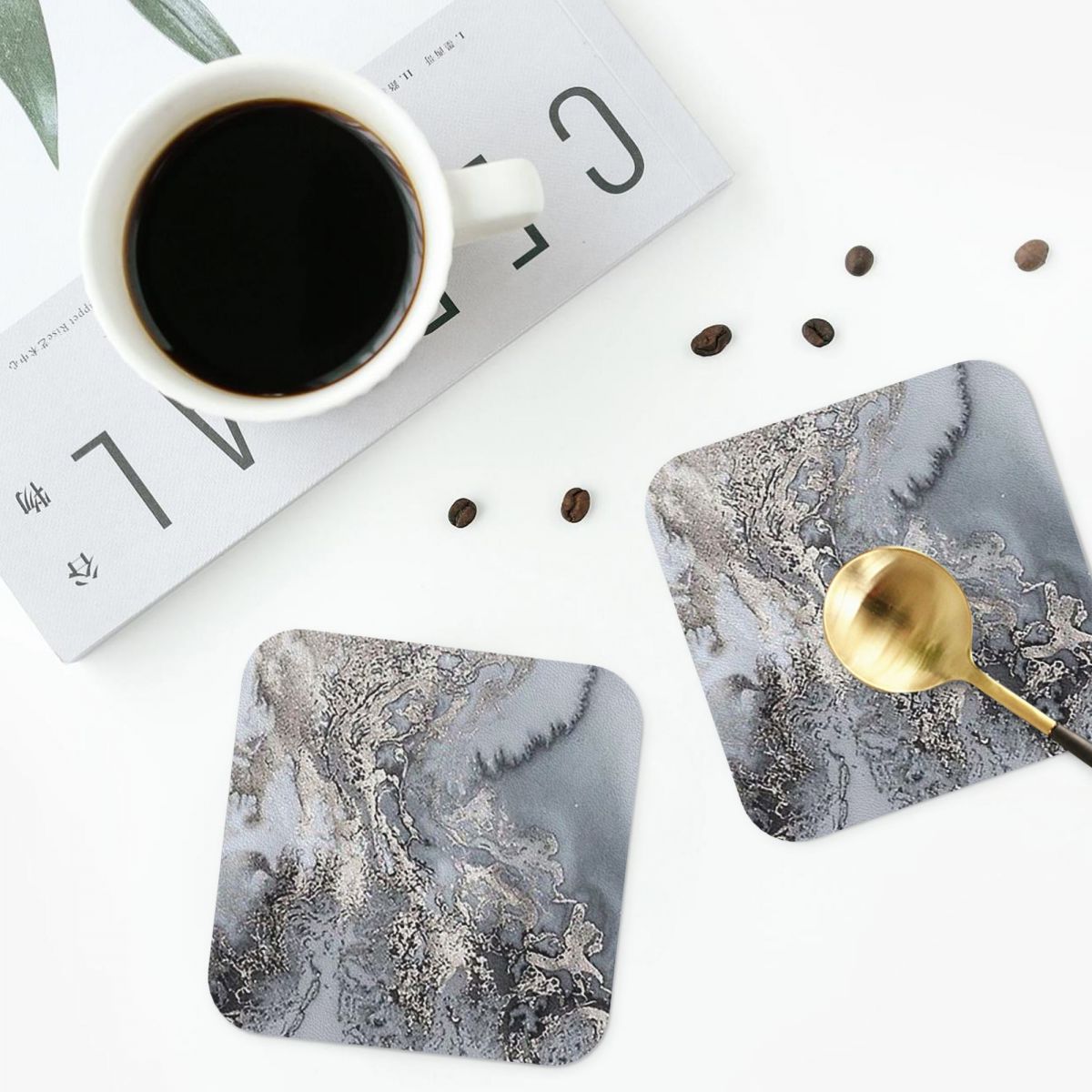 مفارش طاولة رمادية وفضية من ال - مراجعة Marble Coaster Set وسعره